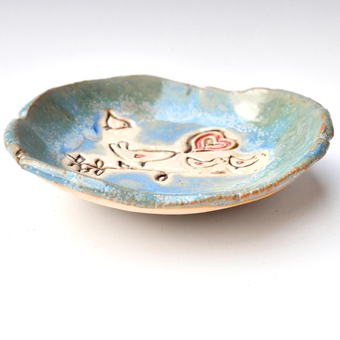 Ceramic Bird bowl mama or daddy and baby bird Mothers Day gift Blue glaze handbuilt pottery Flock of Love