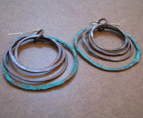 Patina earrings - Four Rings One with Patina - copper jewelry