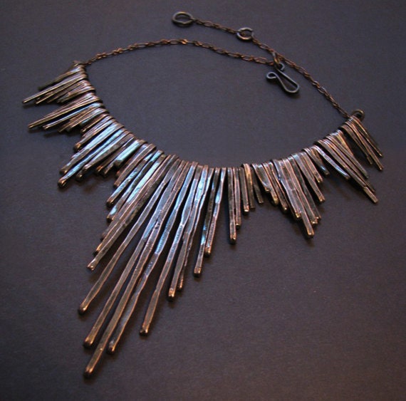 Fringe Collar . Oxidized Copper Tribal Hammered Wire - Egyptian Collar Necklace - handmade copper jewelry
