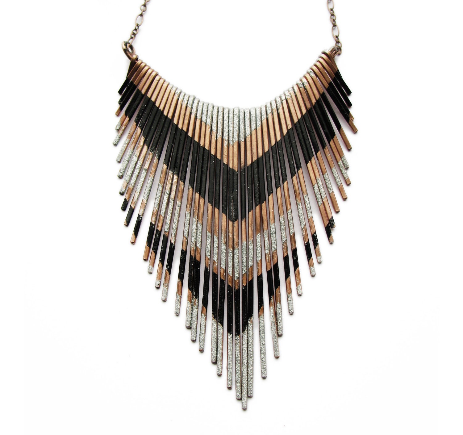 Copper Necklace - Fringe Metal Necklace - Multi V silver and black lacquer stripes - Copper Jewelry