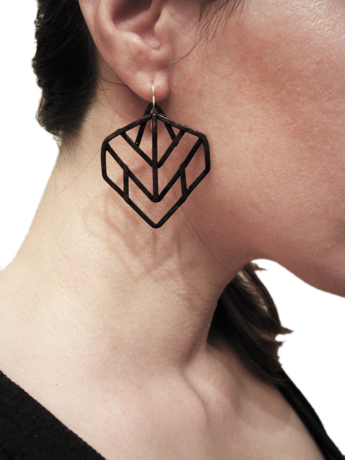 Geometric Earrings - Leaf Design - Black Finish - handmade jewelry - Art Deco and Prairie school revival