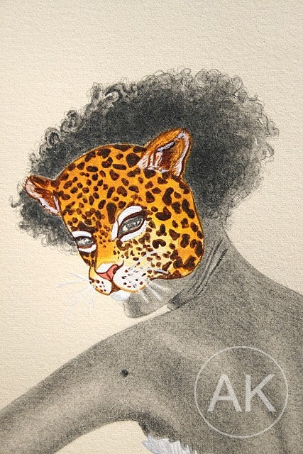 Fashion illustration, Acrylic painting, South American Spotted Jaguar animal mask, 12" x 16"