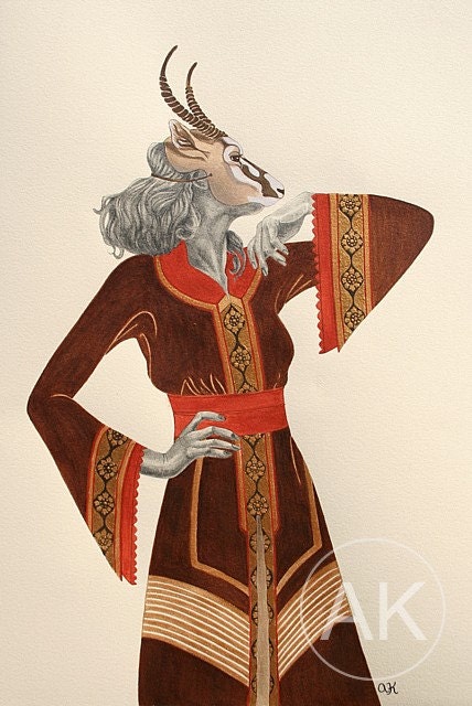 RESERVED FOR A.B., Fashion illustration, Acrylic painting, Arabian Gazelle animal mask, 12" x 16"