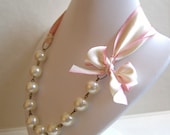 The Original Carrie Necklace in Blushing Bride, A romantic ribbon and pearl necklace in blush pink