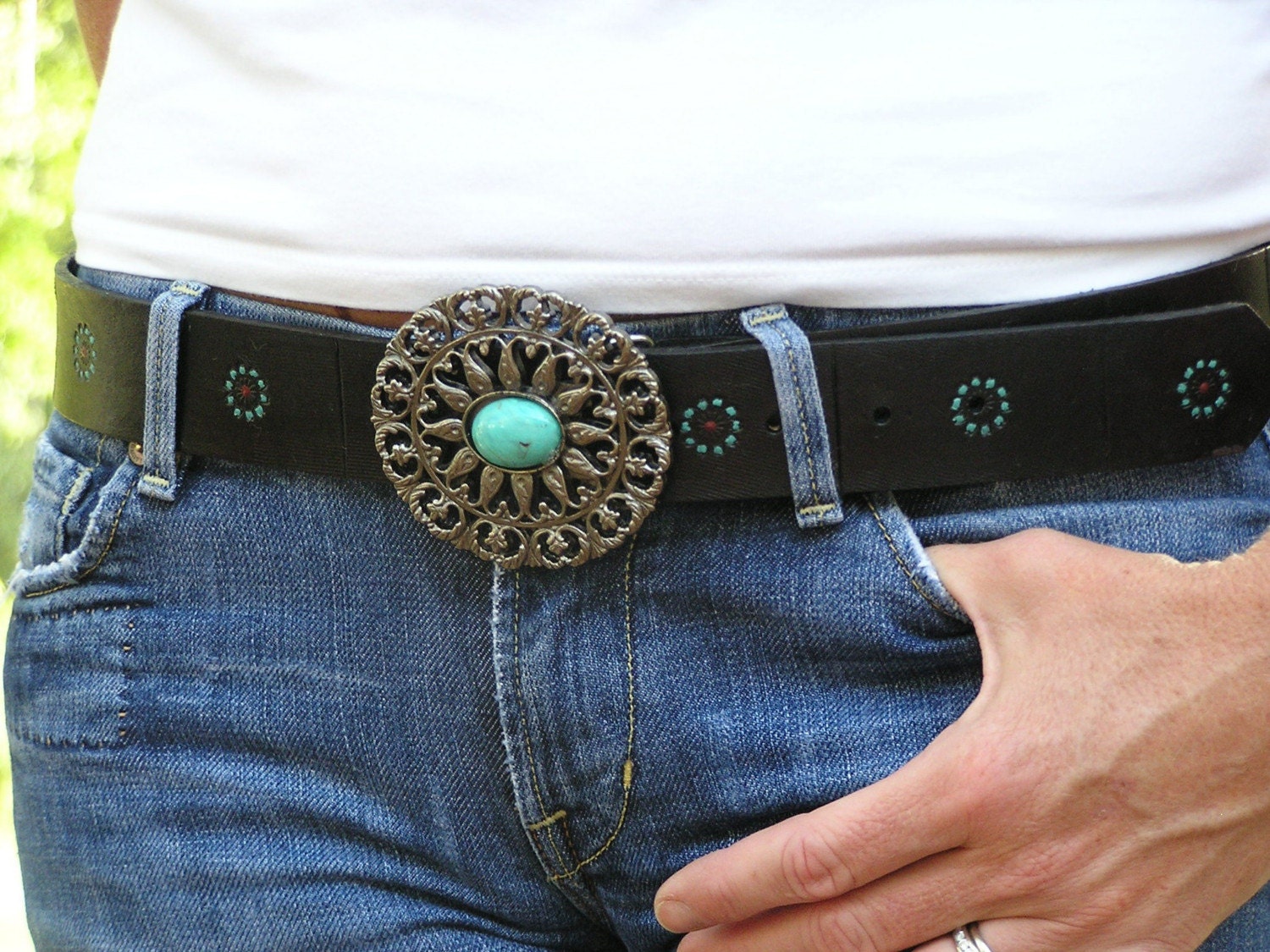 THE TIDE Black Hand-Tooled, Hand-Painted Leather Belt and Turquoise Buckle