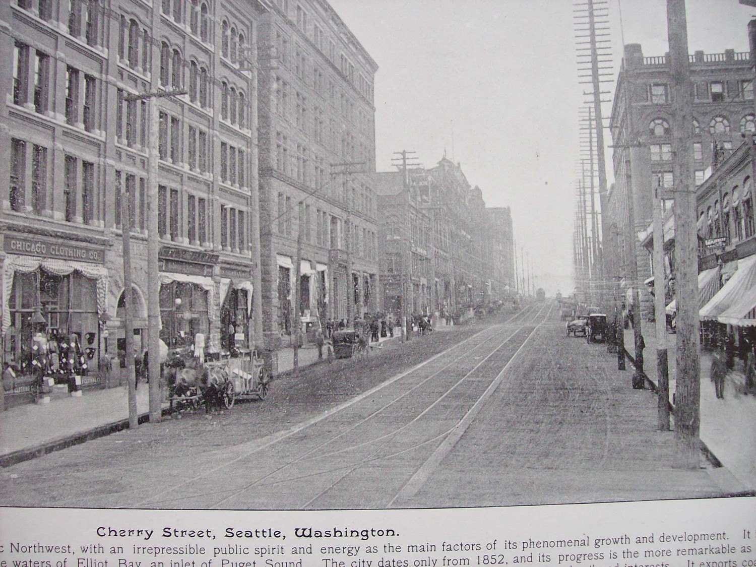 1894 Photography of America - Cherry Street Seattle Washington - Antique Victorian Era Fine Art for Framing 100 Years Old