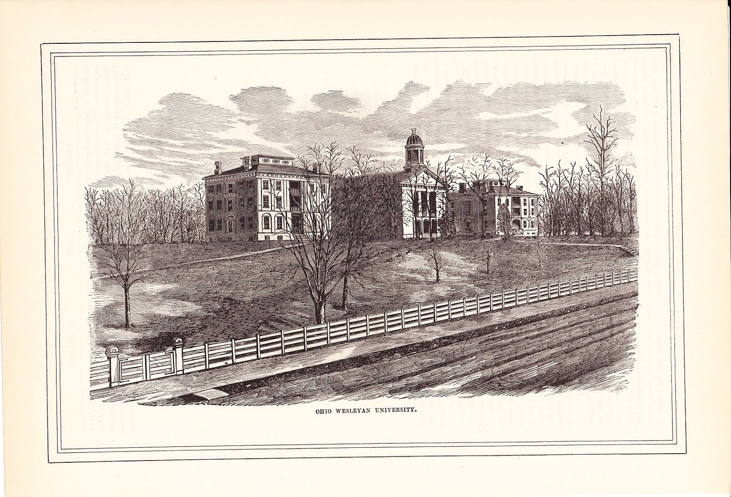 1883 Architectural Print - Ohio Wesleyan University - Antique Art Illustration 100 Years Old