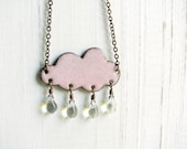 Pink Cloud Necklace - Enamel On Copper, Glass Raindrops - happyment