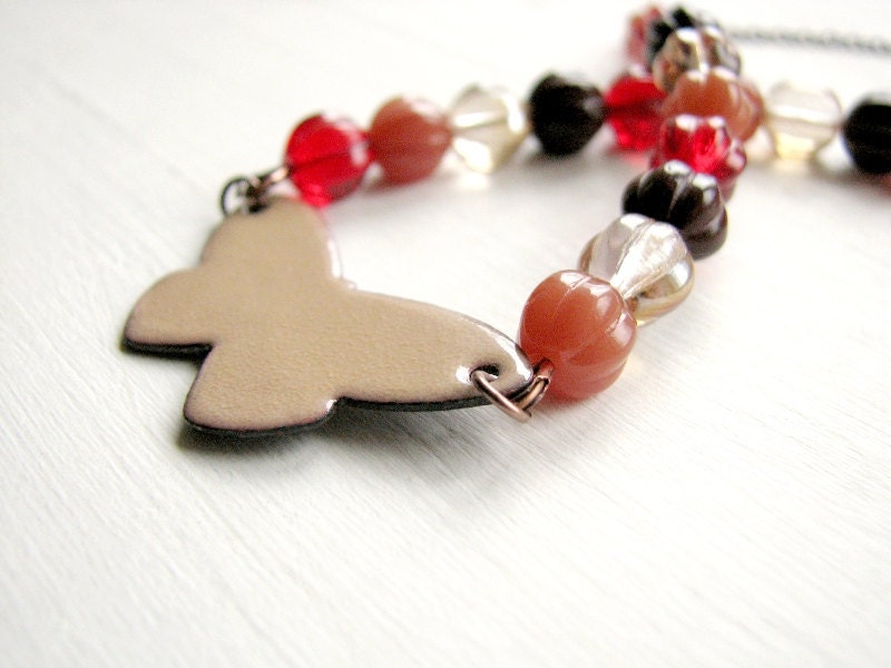 Butterfly Necklace - Caramel Brown Enamel Chocker, Red, Brown And Clear Glass Beads