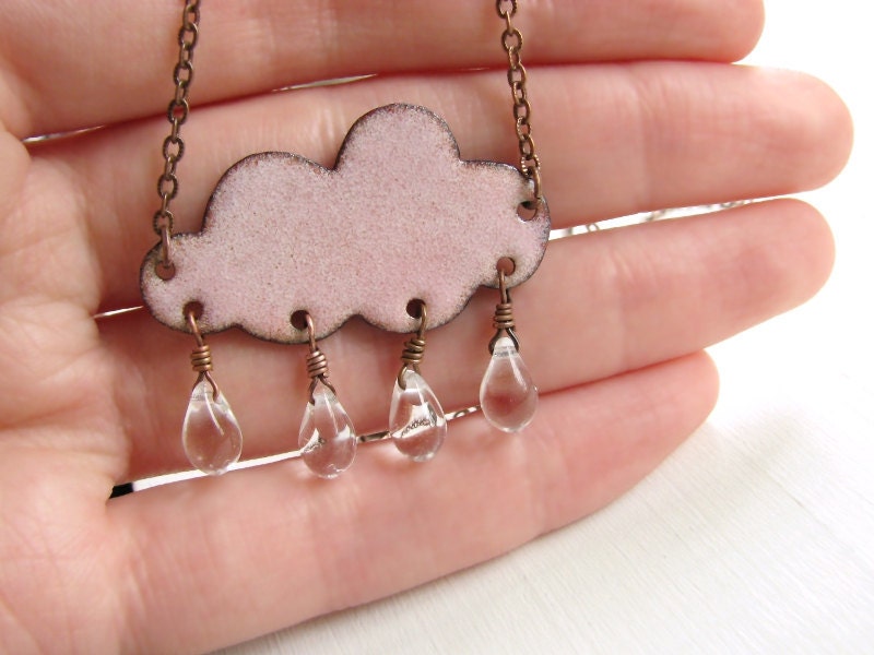 Pink Cloud Necklace - Enamel On Copper, Glass Raindrops