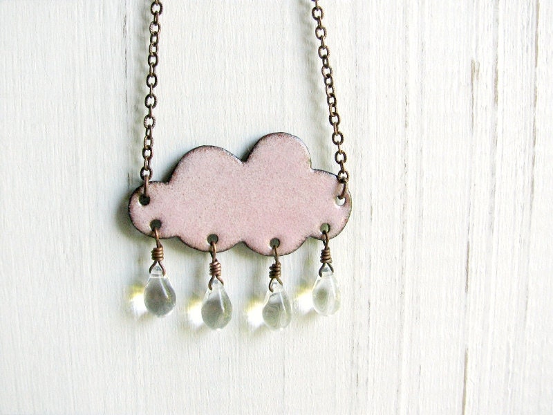 Pink Cloud Necklace - Enamel On Copper, Glass Raindrops
