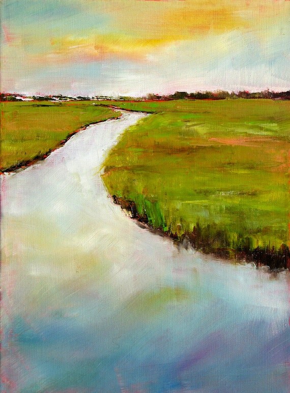 Chartreuse Marsh Landscape Art Print, "Moody Marsh" matted for 8x10 frame