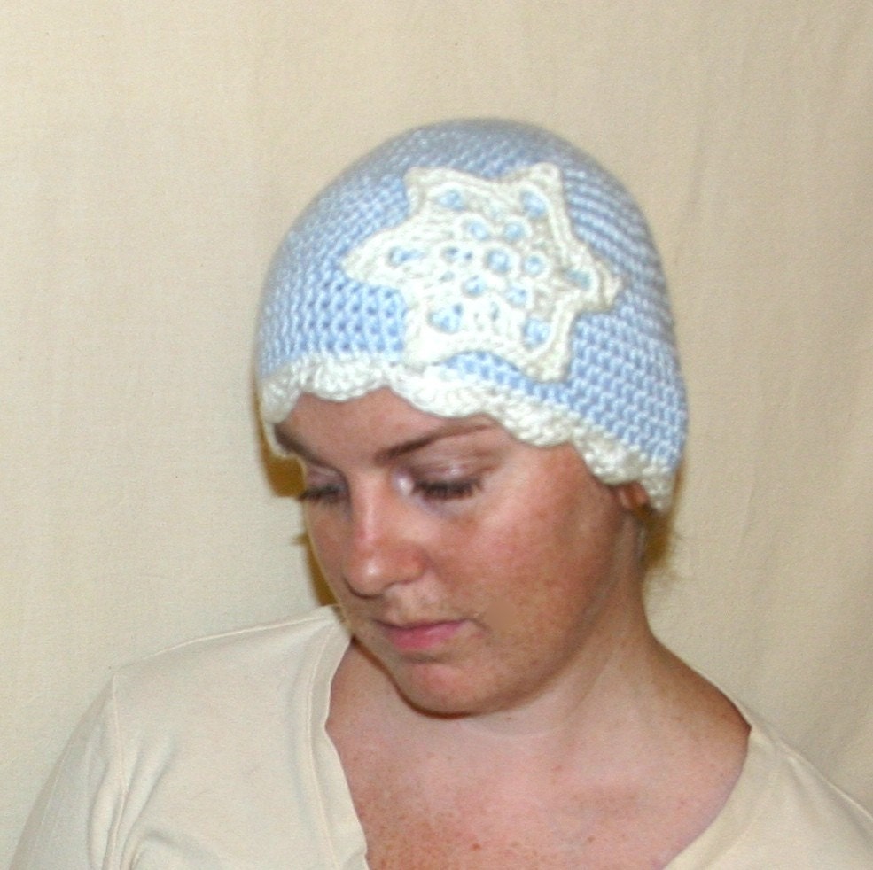 Snowflake Hat, crochet white blue beanie women cloche Snow Ice Winter Warm