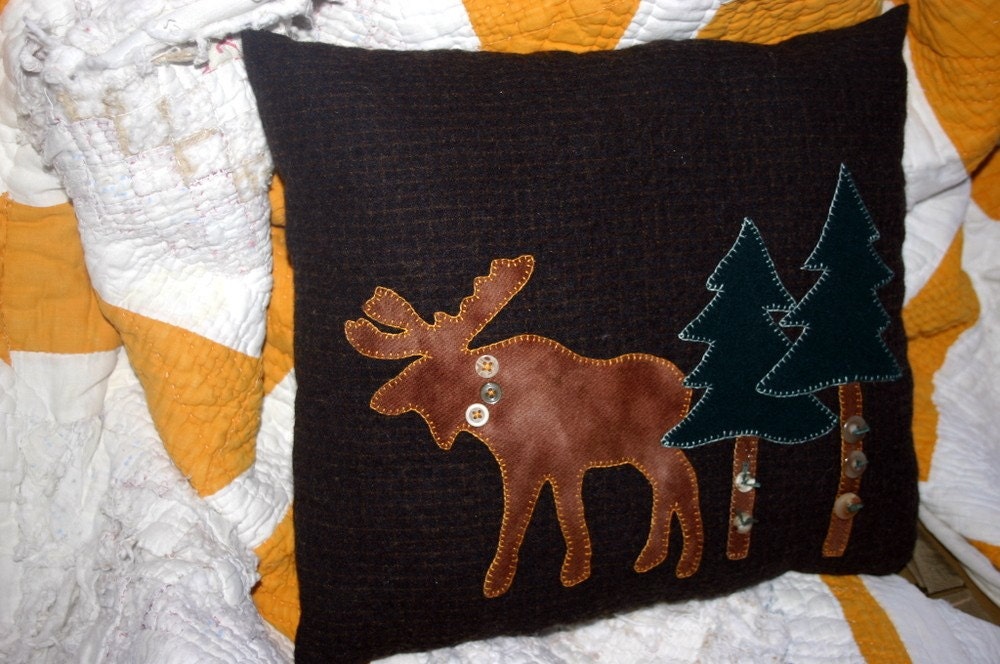 Moose Pillow Lodge Decor Upcycled Wool Moose Pine Trees Decorative Accent