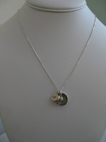 Personalized Hand Stamped Sterling Silver Mama Bird Nest Necklace READY TO SHIP