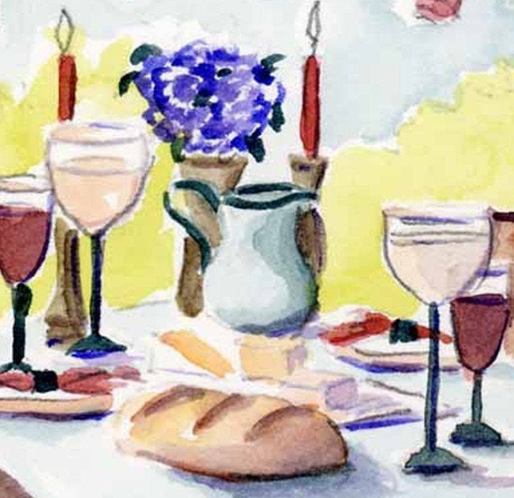 Romantic Dinner for Two 5x7 Print of original watercolor dining alfresco