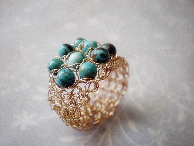 Turquoise and gold crochet ring,  crochet gold filled wire ring
