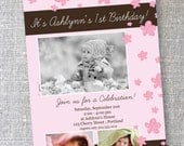Falling Cherry Blossoms - First Birthday or Birth Announcement Custom Photo Card