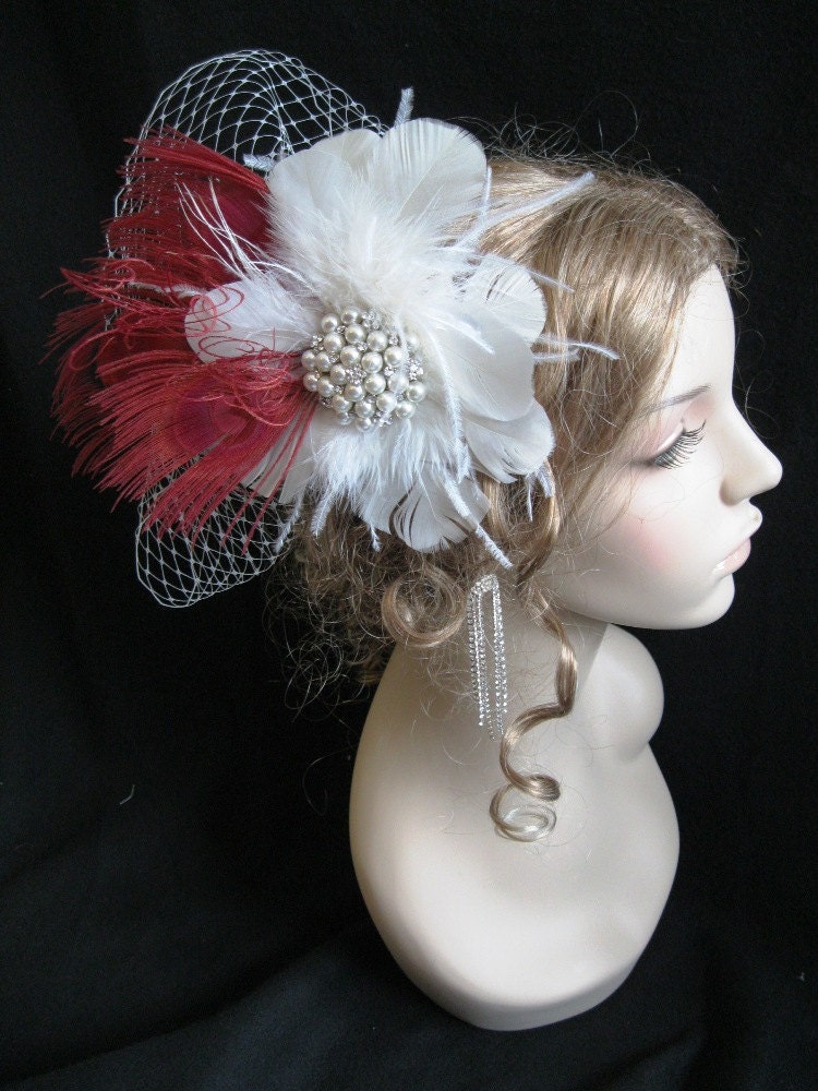 Bridal Birdcage Veil, Wedding Fascinator, Wedding Veil and Red Fascinator Scarlett's Veil and Headpiece- Available in other colors