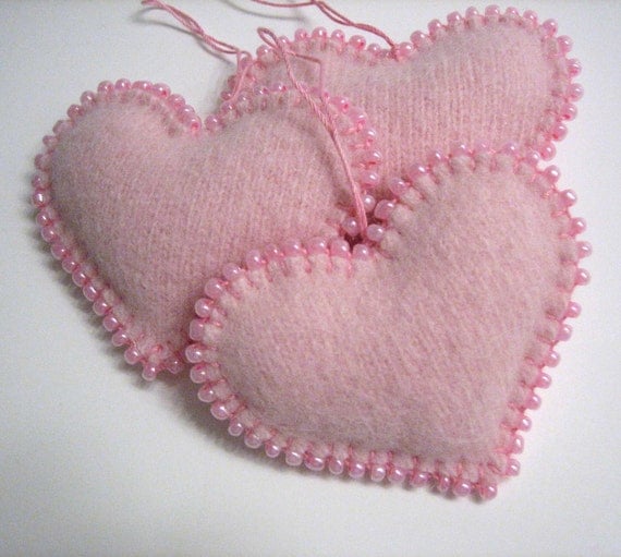 Light Pink Beaded Heart Valentines Day Ornaments Handmade from Felted Wool Sweaters (no.270)
