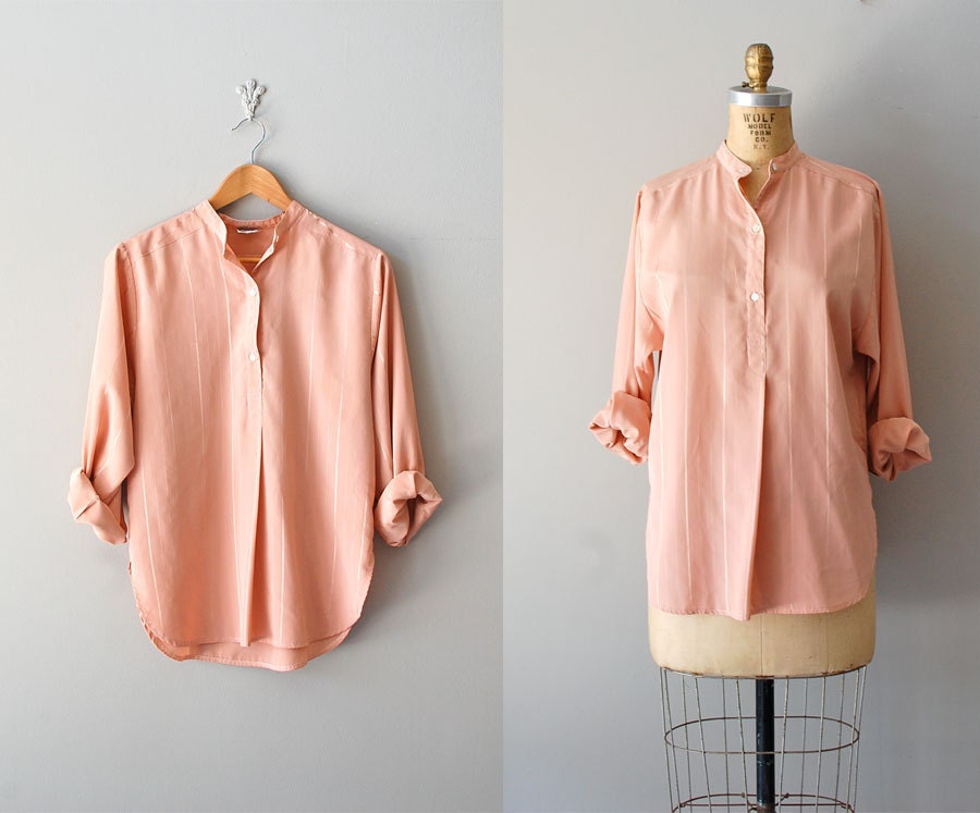 1970s blouse / 70s blush henley tunic / Blush Stripe blouse