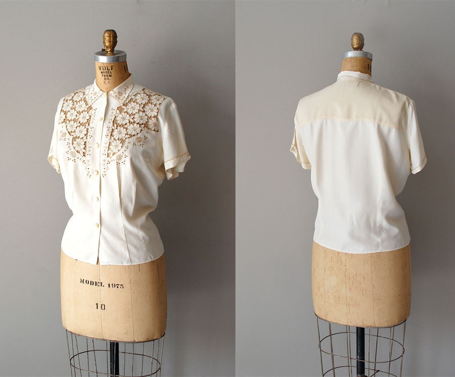 1950s silk blouse / cutout lace blouse / silk cutwork top