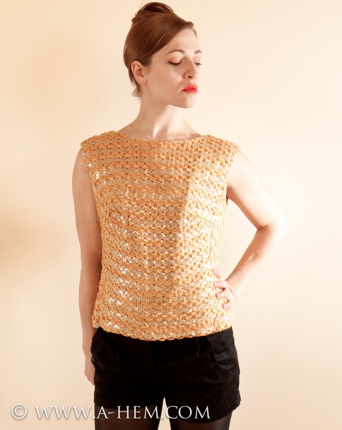 1960s Gold Formal Sequin Bateau Tank Cut Cocktail Blouse