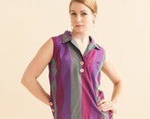 60s Striped Sharkskin Tank / Muted Mod Pastel Blouse / Oversized Buttons