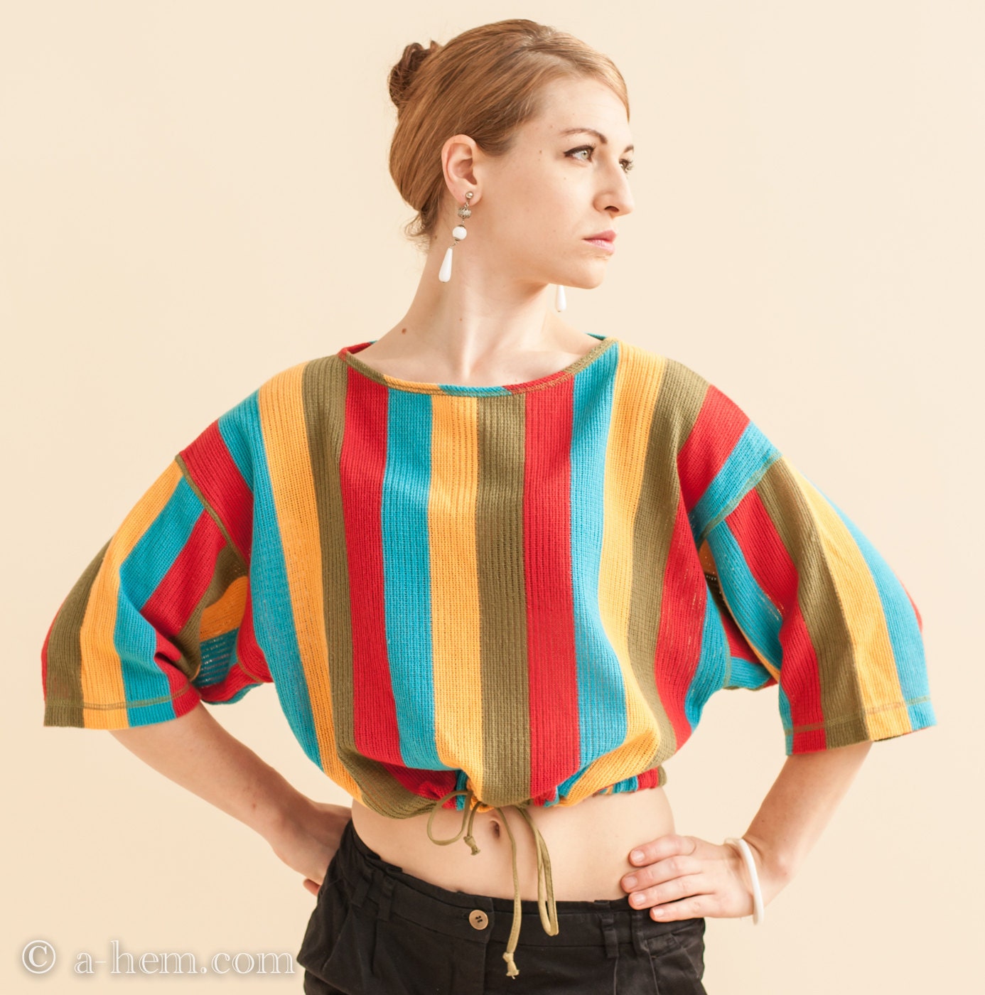 60s NOS / Bright Striped Crop Shirt / Drawstring Shirt / One Size