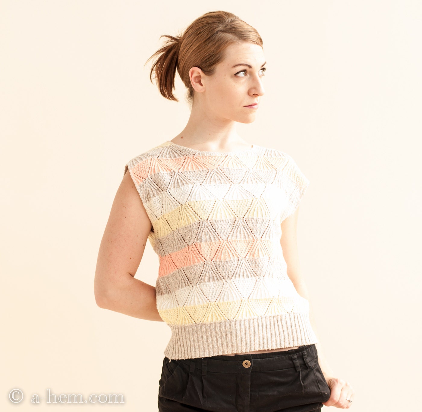 Little Pastel Knit Sleeveless Blouse / Peach, Tan, Yellow, Cream Stripes
