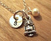Owl Necklace - Owl Jewelry - Sterling Silver Owl Charm with Hand Stamped Initial Disc and Swarovski Crystal - Life Is Rosey Charm Chain