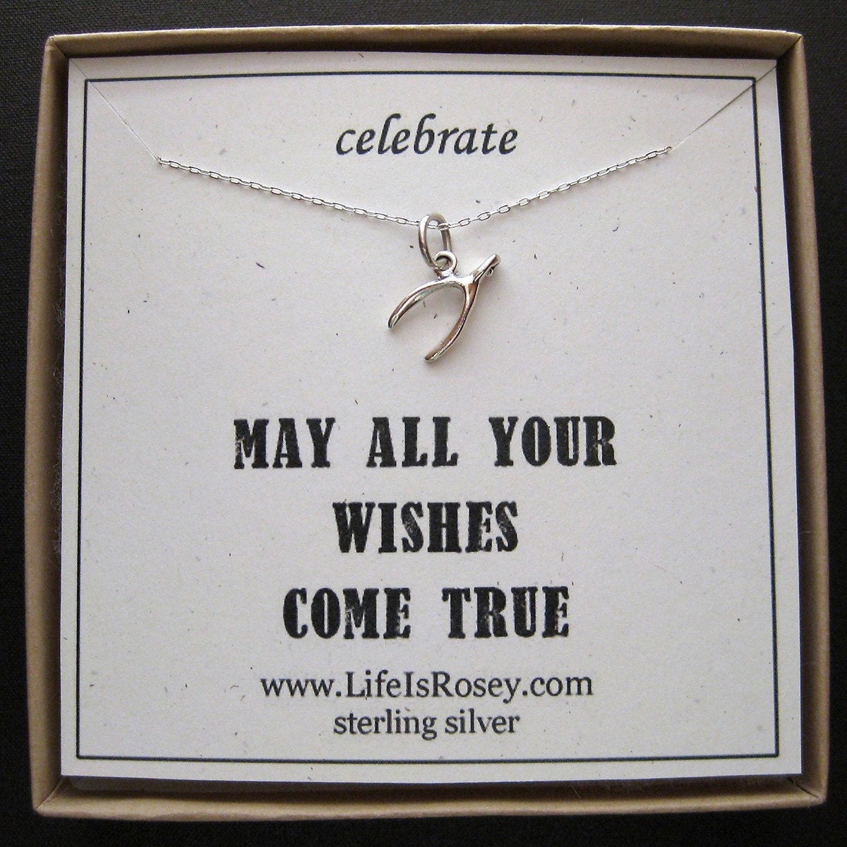 Sterling Silver WISHBONE Charm Necklace - QUOTE CARD - Wish - A Life is Rosey Original