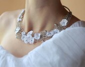 FEATURED on Chrochet so pretty by Amy Palanjian.Delicate Linen Necklace  . LEILA.  White flowers, silver beads