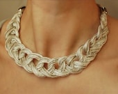 Linen Crocheted Necklace. LETICIA. Natural grey and White