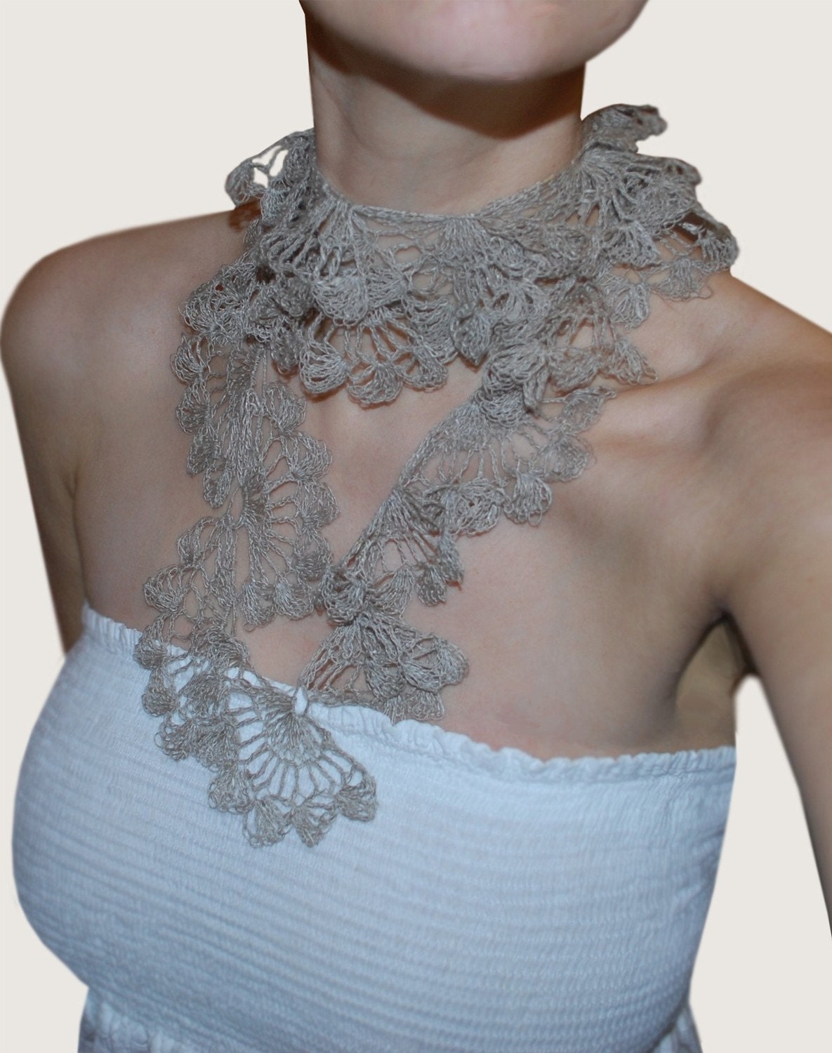 Extra Delicate Lace Crochet Linen Lariat.  GRACE.  Natural Grey.