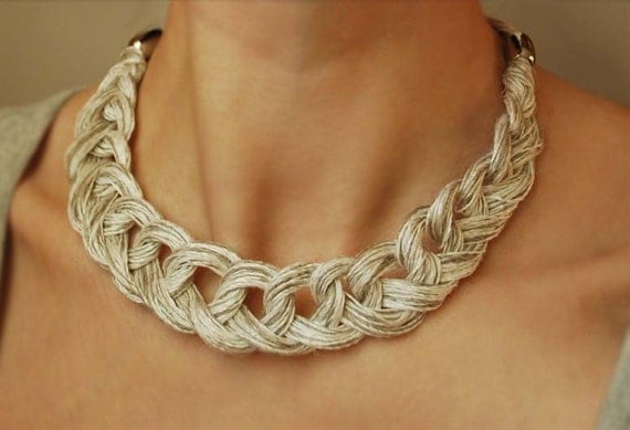 Linen Crocheted Necklace. LETICIA. Natural grey and White