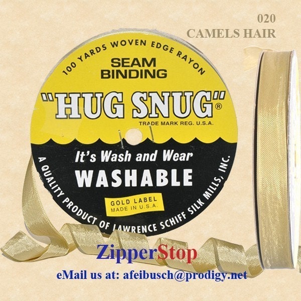 Hug Snug Seam Binding 100-yds Roll 1/2inch Wide Hug Snug  - 020 - CAMELS HAIR - 100 percentage Woven-edge Rayon - Wash 'n Wear - made in USA