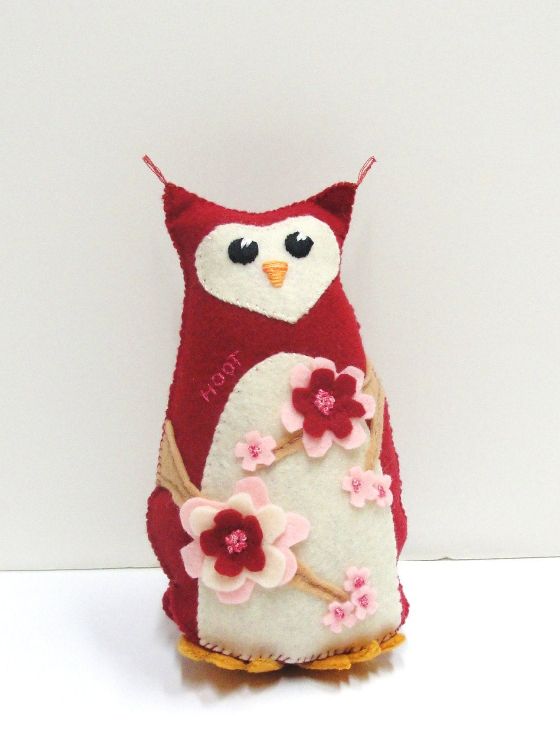 SALE felt owl- stuffed 8 inch stuffed HOOT owl in red with cherry blossoms