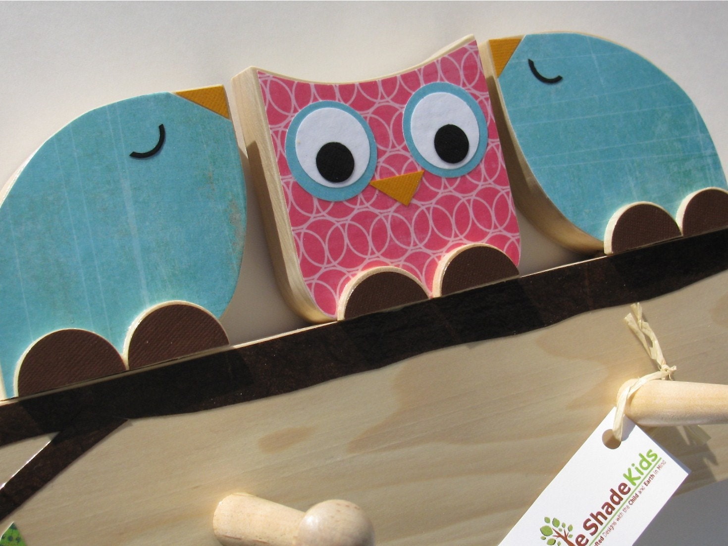 Woodland Friends Peg Rack - Turquoise Birds and Pink Owl - eco-friendly by Maple Shade KIds