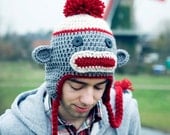 Sock Monkey Hat with Earflaps - Teen/Adult - red and gray