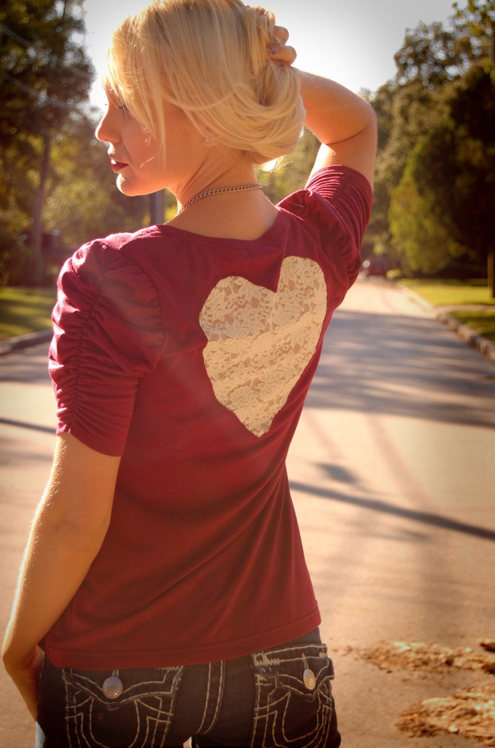 Burgundy Jersey and Cream Lace Heart Cut-Out Top with Rouched Sleeves and Round Neckline