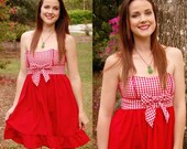 Strapless Sweetheart Gingham Picnic Dress w Piping, Bow and Gathered Skirt - Available in Several Colors and Plus Sizes