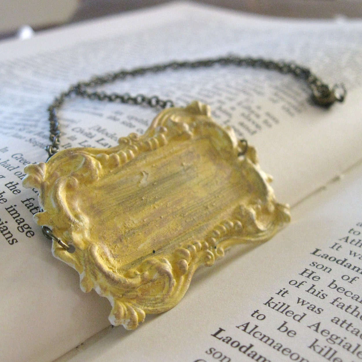 In the Garden Necklace - Distressed Aged Sunny Yellow Painted Brass Plate on Antique Brass Chain -  Vintage Art Nouveau Rustic Victorian