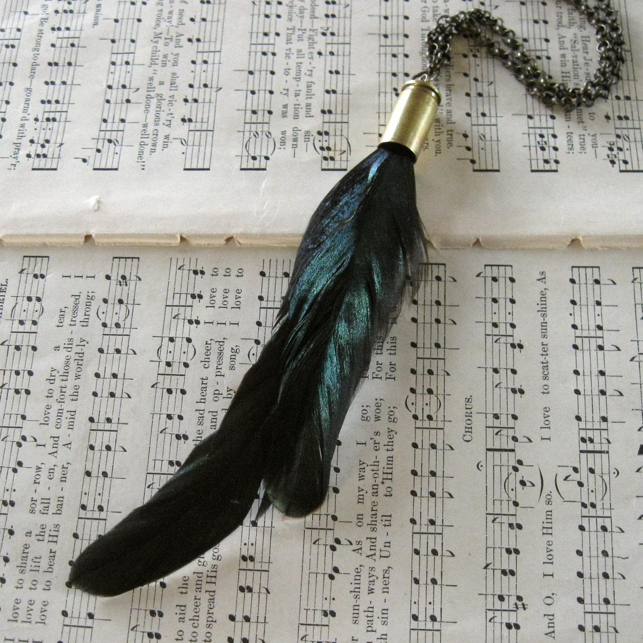 Long Shot Necklace - Iridescent Black and Green Rooster Coque Feathers Brass Bullet Casing Antique Brass Chain - Modern Unisex Boho