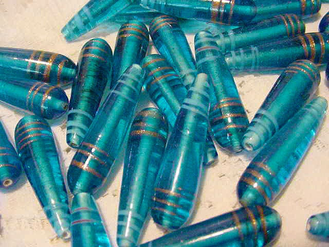 10 pcs  Vintage Venetian Glass long Teardrop Beads,Turquoise / Aqua with Gold Foil Spirals 12e81 FREE US SPHIPPING