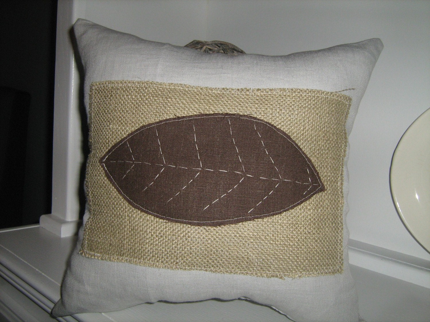 Natural Collection- Burlap Patch Pillow With Chocolate Brown Leaf on French Pillow Linen