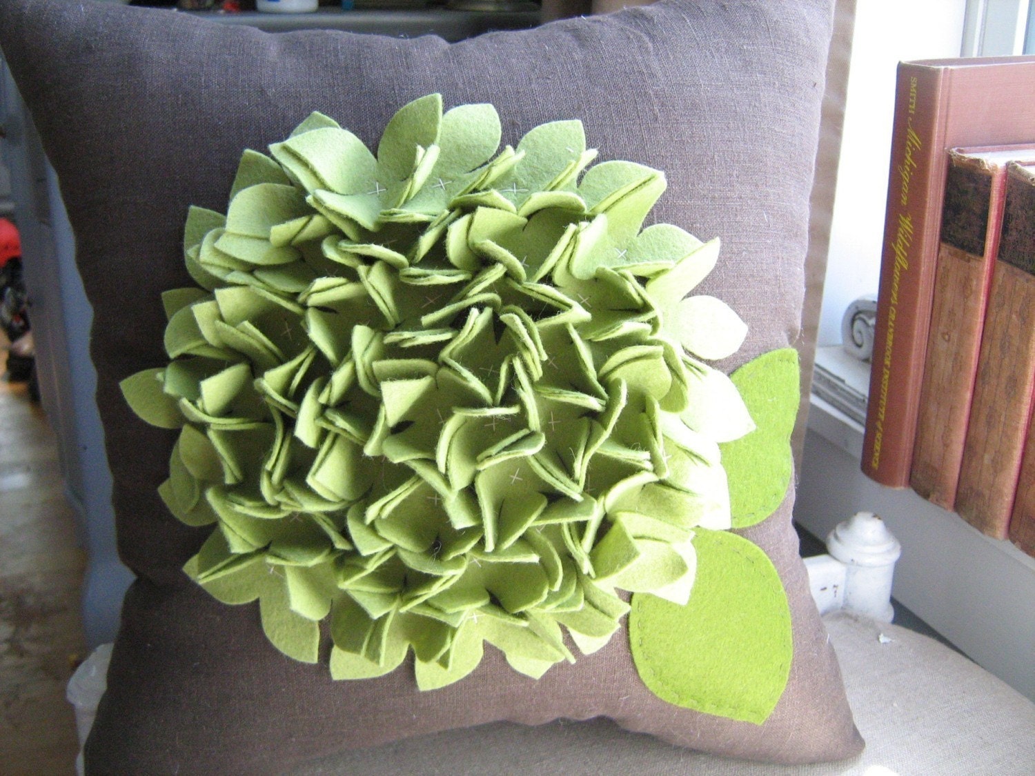 Hydrangea Pillow in Pea/Sage Green and Brown Linen