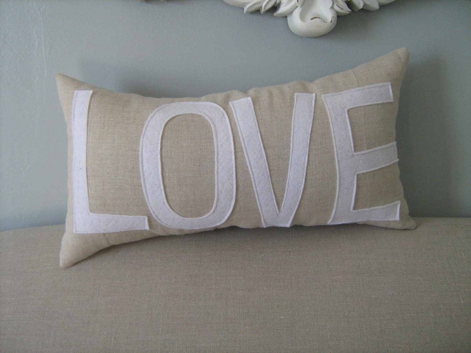 LOVE Lumbar Pillow in Oatmeal Linen and White Wording