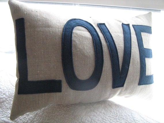 Love Pillow in Oatmeal Linen and Navy Felt