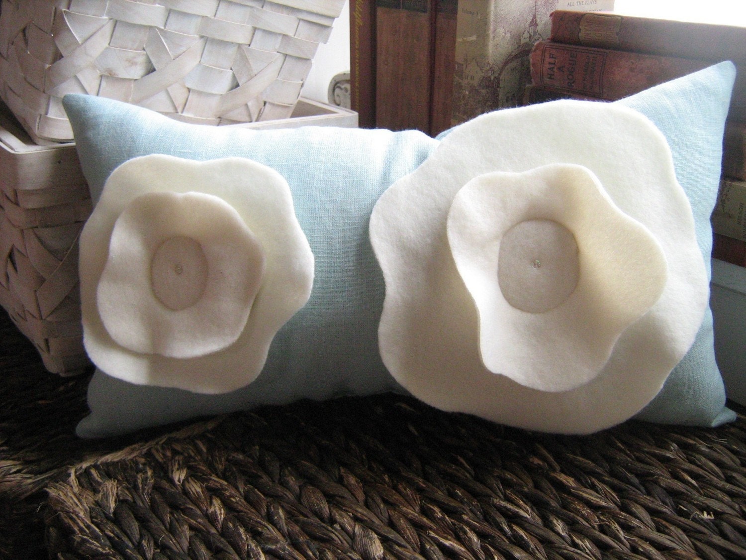 Poppy Pillow in Robin Egg Blue Linen and Cream
